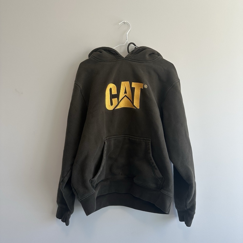 CAT Hoodie Mens Medium Brown Pullover Sweatshirt Logo Kangaroo Large